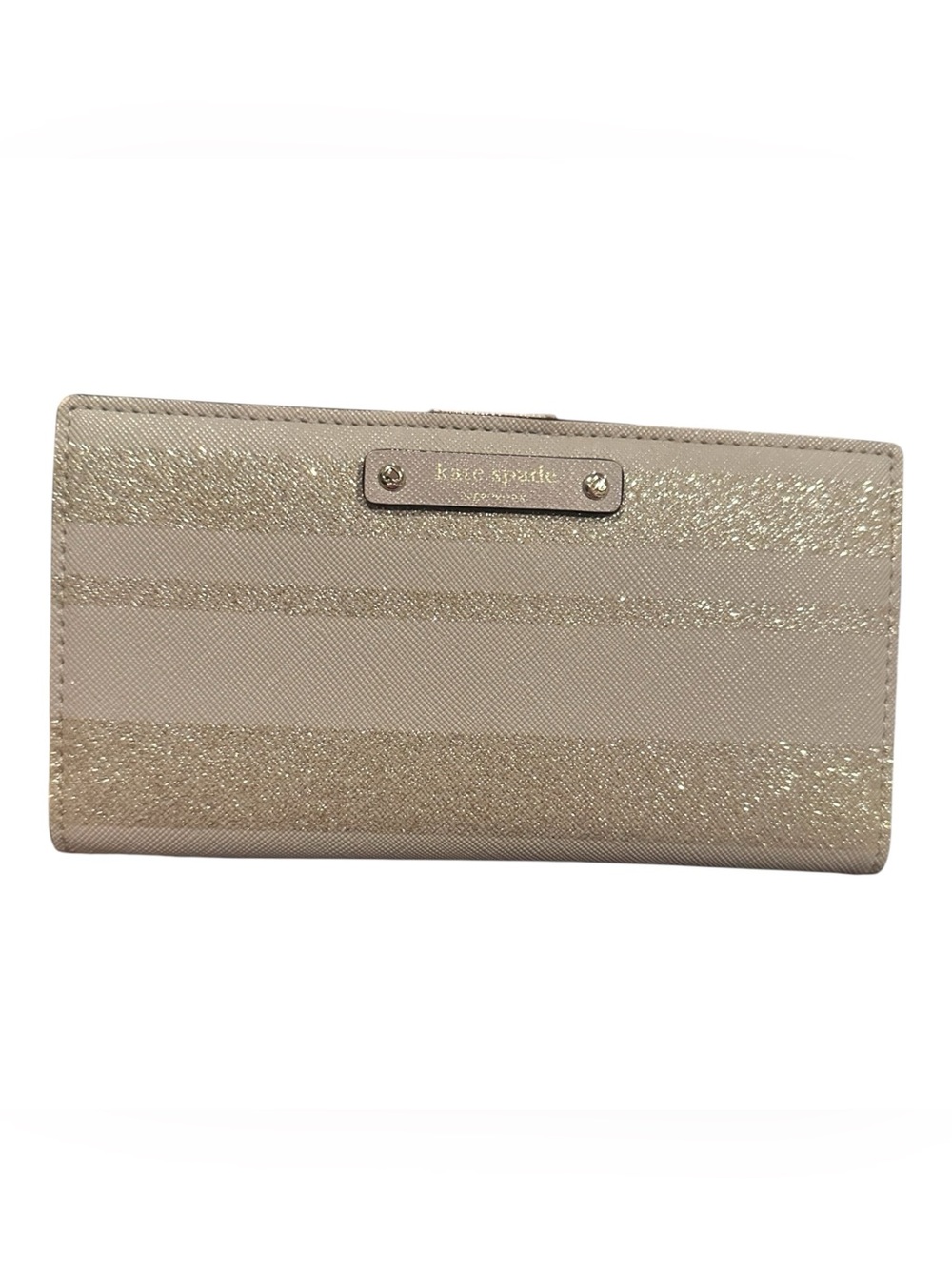 Kate Spade Metallic Gold Stripe Continental Wallet Billet snap closure